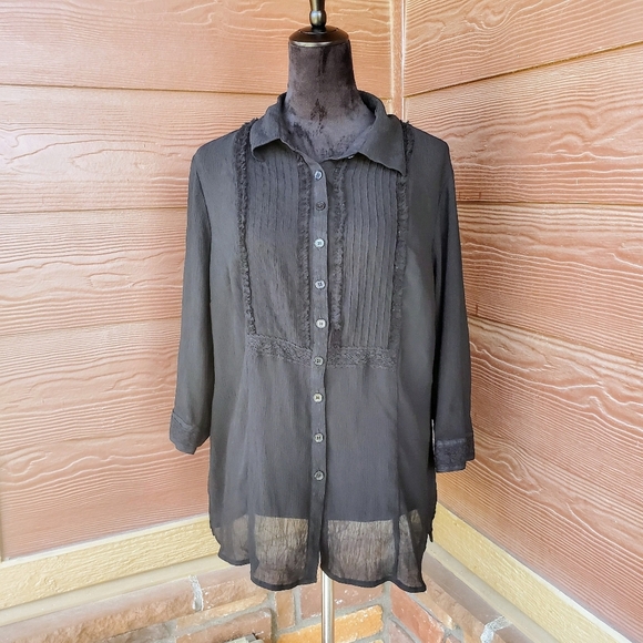 Emma James Sheer Ruffle Front Elegant Black Women's Button-Up Top Size 16W EUC - Picture 14 of 16